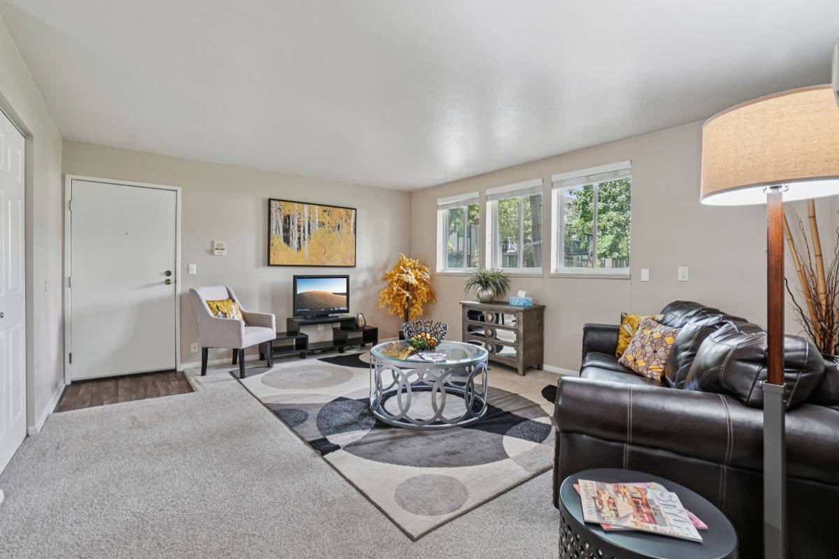 Furnished living room styled for a renovated unit